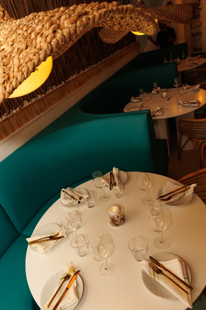 Restaurant Interior with Woven Lights at Salty Zebra Bistro Jupiter